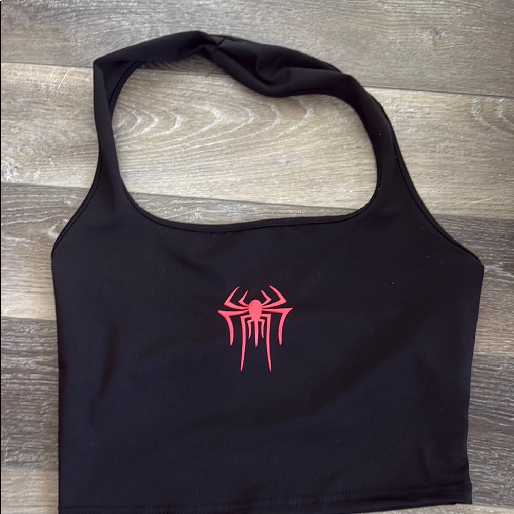 LARA Black Backless Dress with Red Spider Design